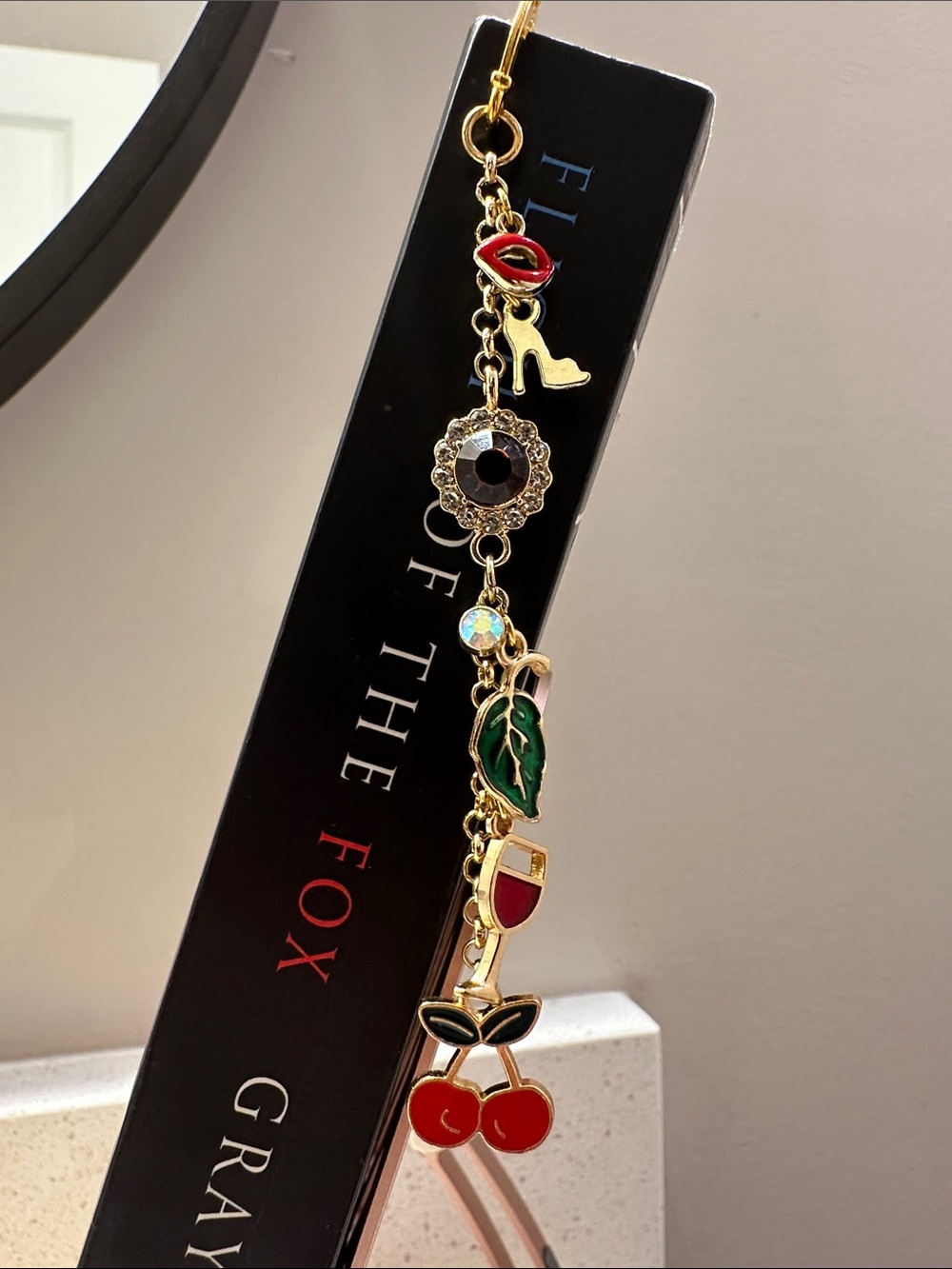 Gold Tone Dangle Bookmark with Red Cherry & Enamel Accents
